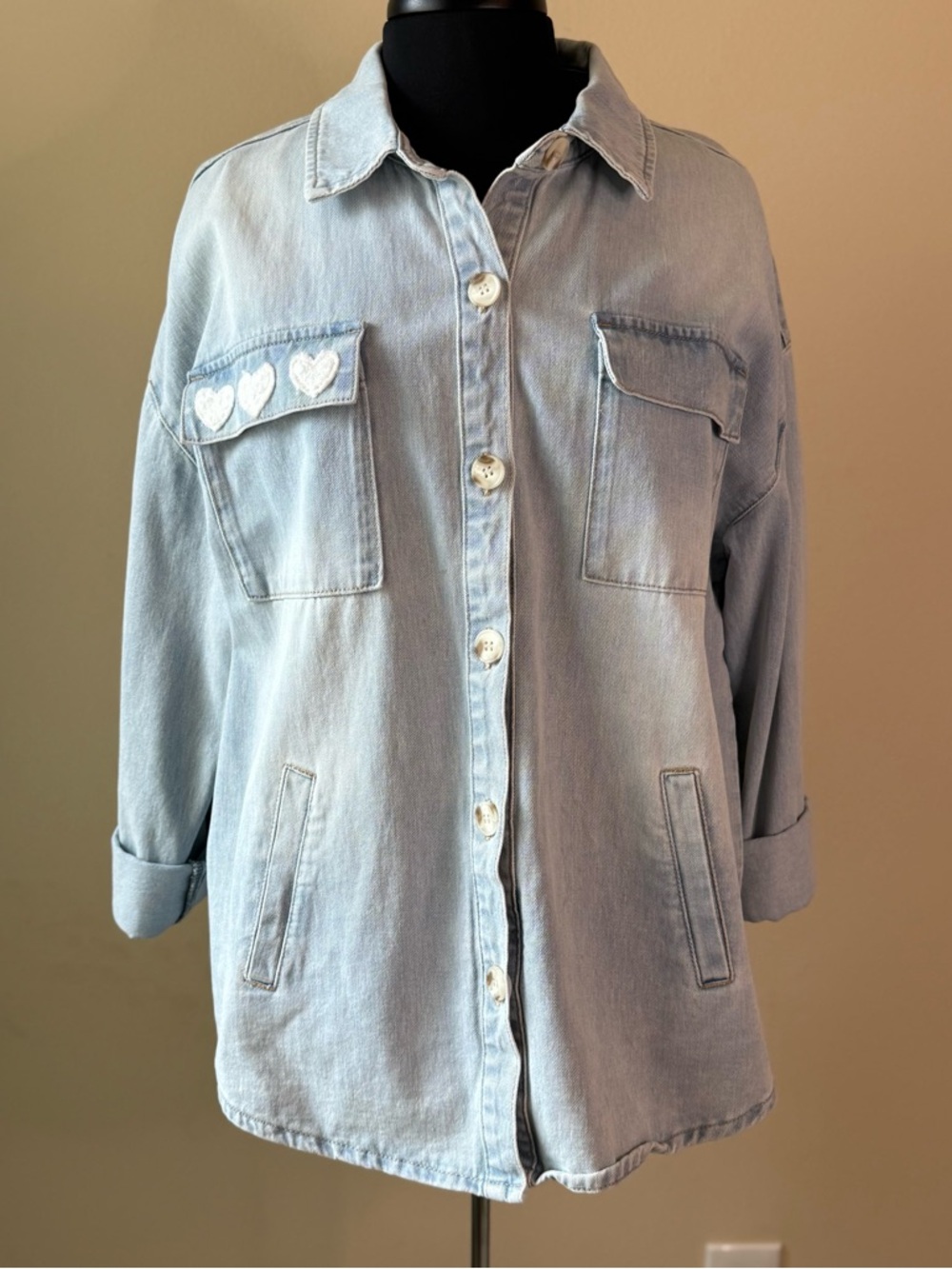 CHARLIE B Blue Denim Jacket Size Large Embroidered Hearts Smiley Face - Picture 13 of 13